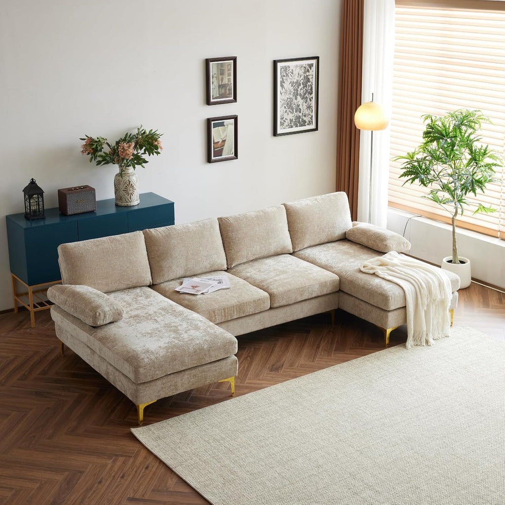 Karl home Convertible Sectional Sofa 110' U-Shape Sofa Couch 4-Seat Couch with Chaise ChenilleFabric Upholstered for Living Room, Apartment, Office, Camel