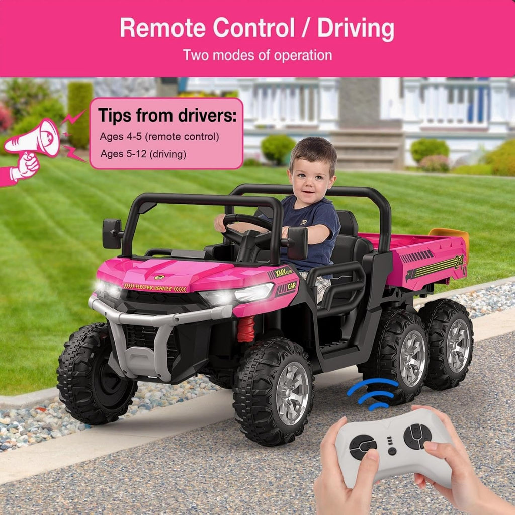 Hetoy 24V Ride on Dump Truck with Remote Control, Electric Dump Bed, Electric Utility Vehicles UTV 4WD Battery Powered 6 Wheeler Ride On Toys for Boys Girls (Pink)