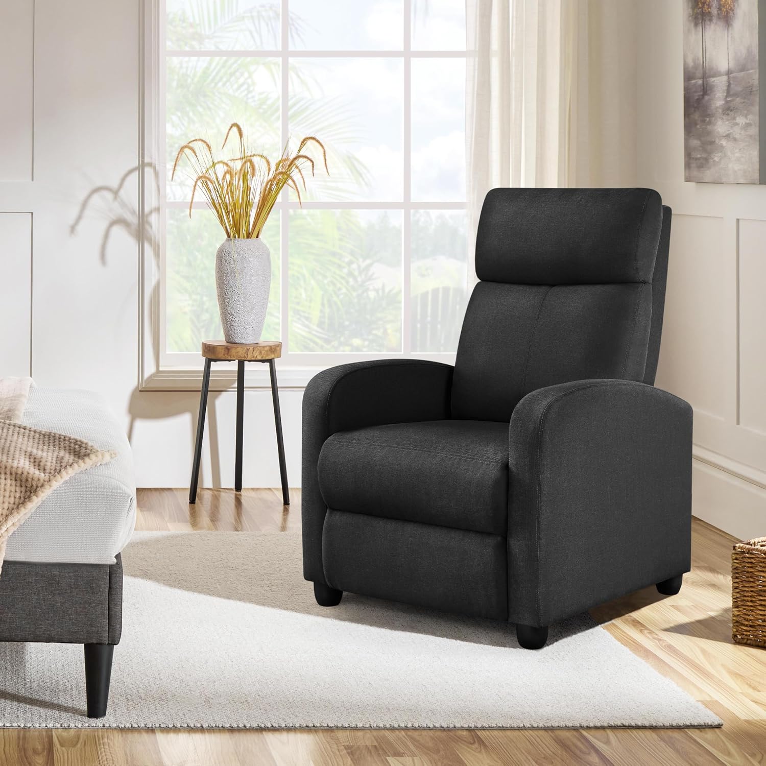 Yaheetech Recliner Chair Fabric Recliner Sofa Home Theater Seating with Lumbar Support Overstuffed High-Density Foam & Pocket Springs, Push Back Recliners Armchair for Living Room, Black