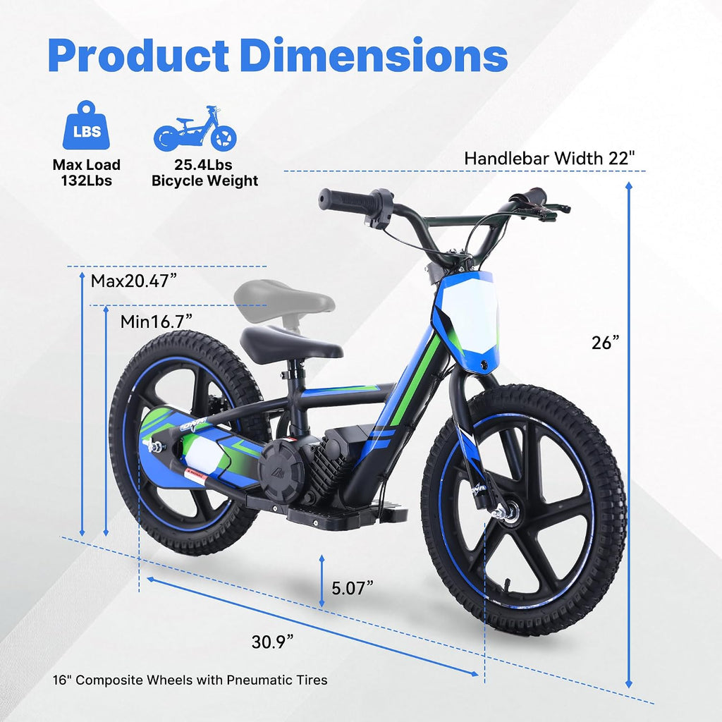 Lightweight Electric Dirt Bike for Kids, 340W Powerful Racing Grade Motorcycle Up to 12MPH, 24V Detachable Battery, 16-Inch Off-Road Tires, 3-Speed Modes Mini Motocross Bike- Ideal for Ages 5-8