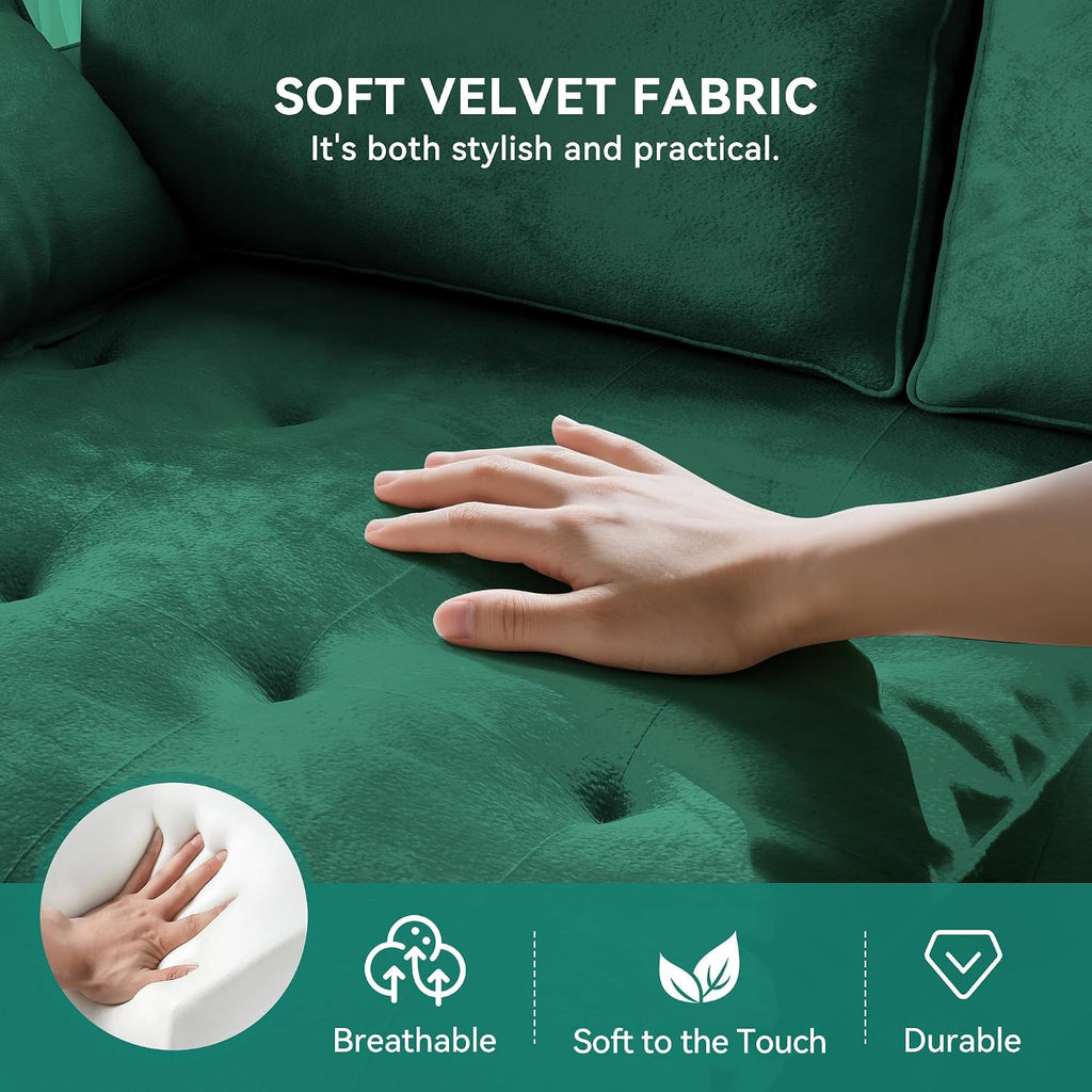 DWVO 68' Loveseat Sofa, Velvet Fabric Sofa Couch for Small Space, Modern Loveseat with Button Tufted Seat and Side Storage Pockect, 3 Seater Couch for Living Room Bedroom, 2 Pillows Included, Green