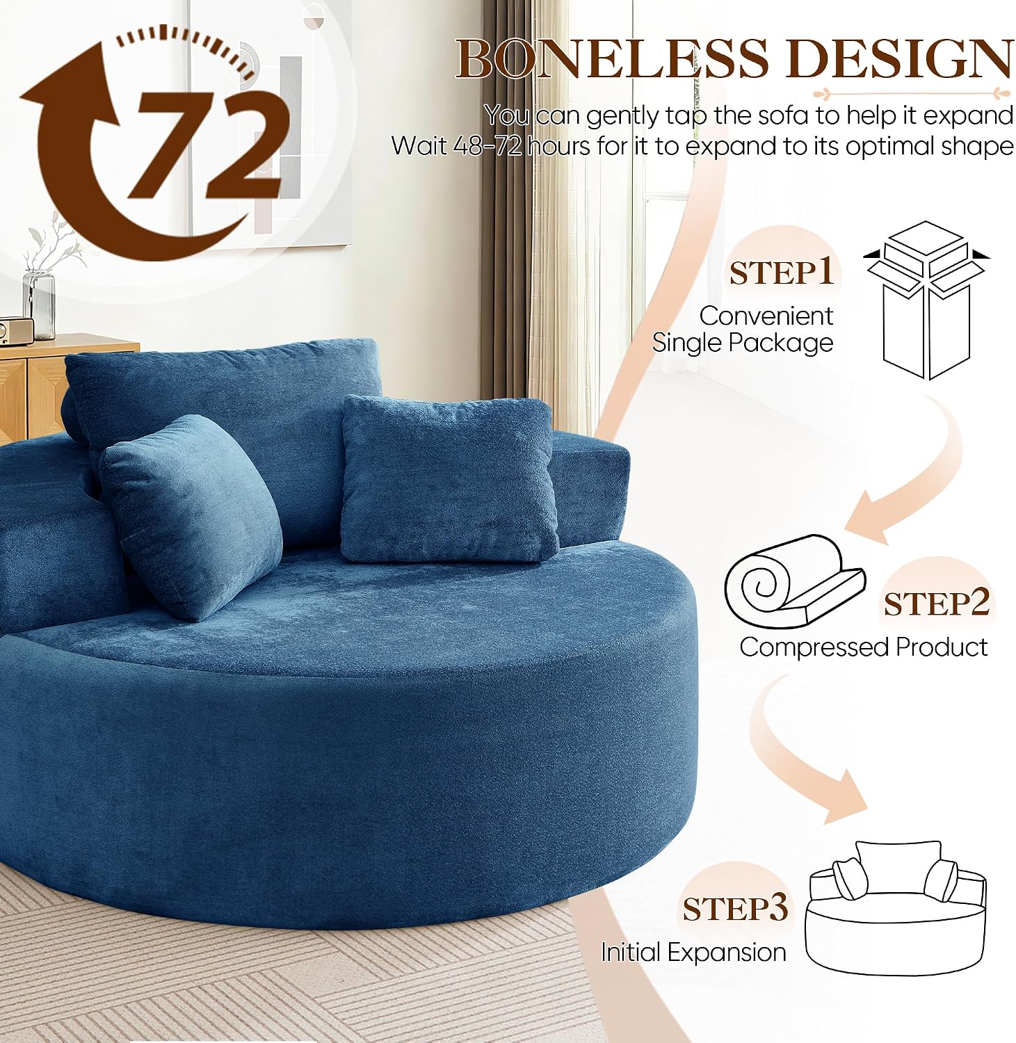 Antetek Oversized Round Chaise Longue Chair Indoor, Modern 55-inch Upholstered Terry Fabric Deep Seat Circle Single Cloud Lounge Floor Accent Chair for Living Room, Bedroom Apartment, Blue