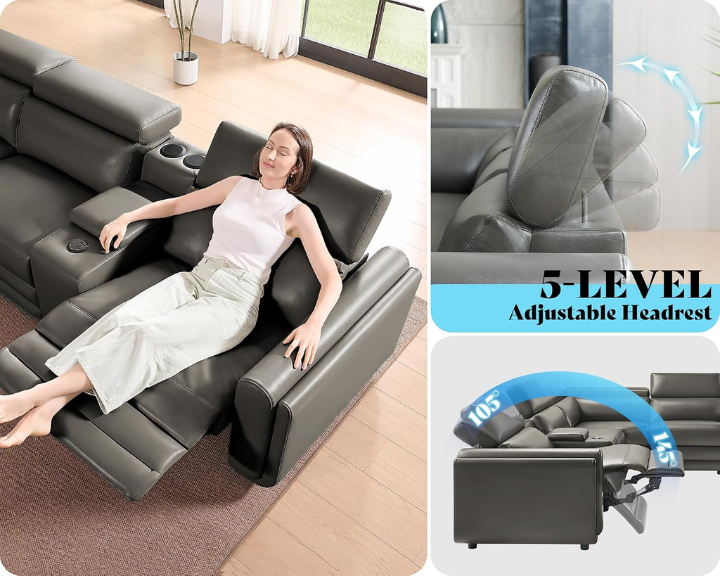Amerlife Power Recliner Sectional Sofa, Reclining Sofa with Storage/USB Port, Leather Recliner Sofa with Adjustable Headrest, 5 Seats Reclining Sectional Couches with Console and Cup Holder, Dark Grey