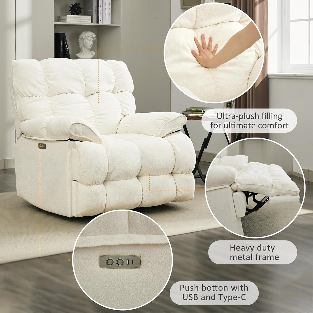Oversized Rocker Recliner Chair,Power Swivel Recliner for Living Room,Overstuffed Extra Wide Rocking Recliners with Breathable Soft Fabric,Up to 350lbs (Power, White)