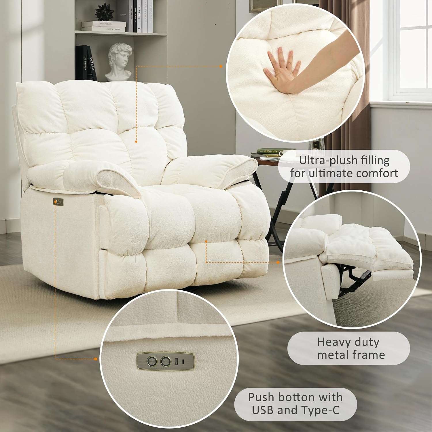 Oversized Rocker Recliner Chair,Power Swivel Recliner for Living Room,Overstuffed Extra Wide Rocking Recliners with Breathable Soft Fabric,Up to 350lbs (Power, White)