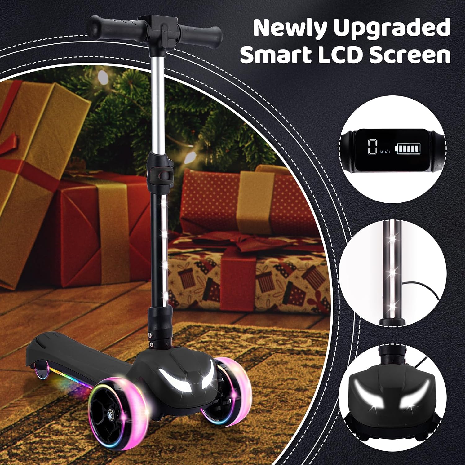 24V Electric Scooter for Kids w/150W Powerful Motor, Thumb Throttle, LCD Screen, Bluetooth, Light-Up Stem Deck & Wheels, 3 Adjustable Heights, 5MPH Safe Speed, 3 Wheel Electric Scooter for Kids
