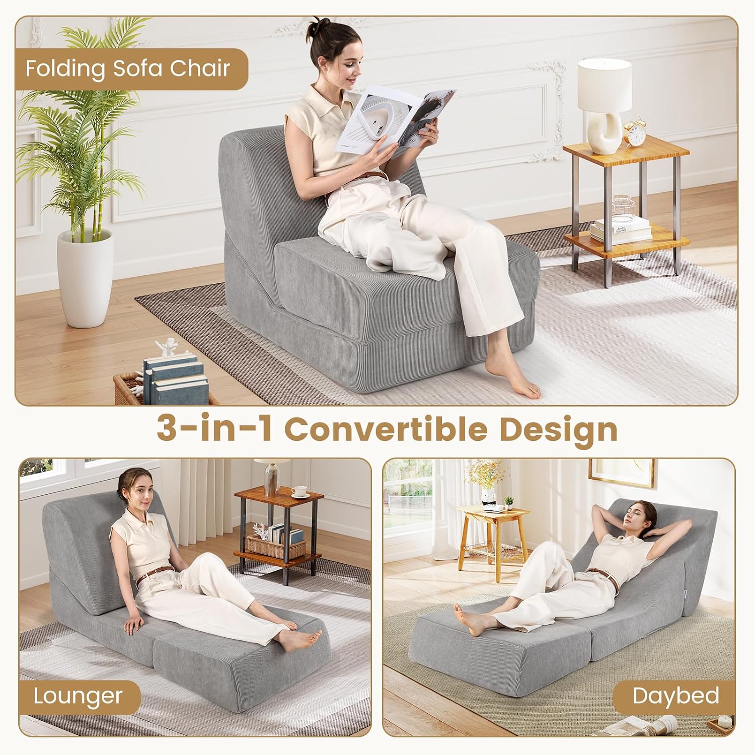 Giantex 3-in-1 Folding Sofa Bed, Convertible Sleeper Chair with Back Support, High Density Sponge, Washable Zippered Cover, Portable Floor Chaise Lounge for Living Room Bedroom Office Apartment (Grey)
