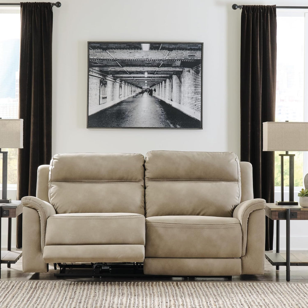 Signature Design by Ashley Next-Gen DuraPella Power Reclining Sofa with Adjustable Headrest, USB, Extended Ottoman, Faux Leather, 80' W x 42' D x 42' H, Beige Sand