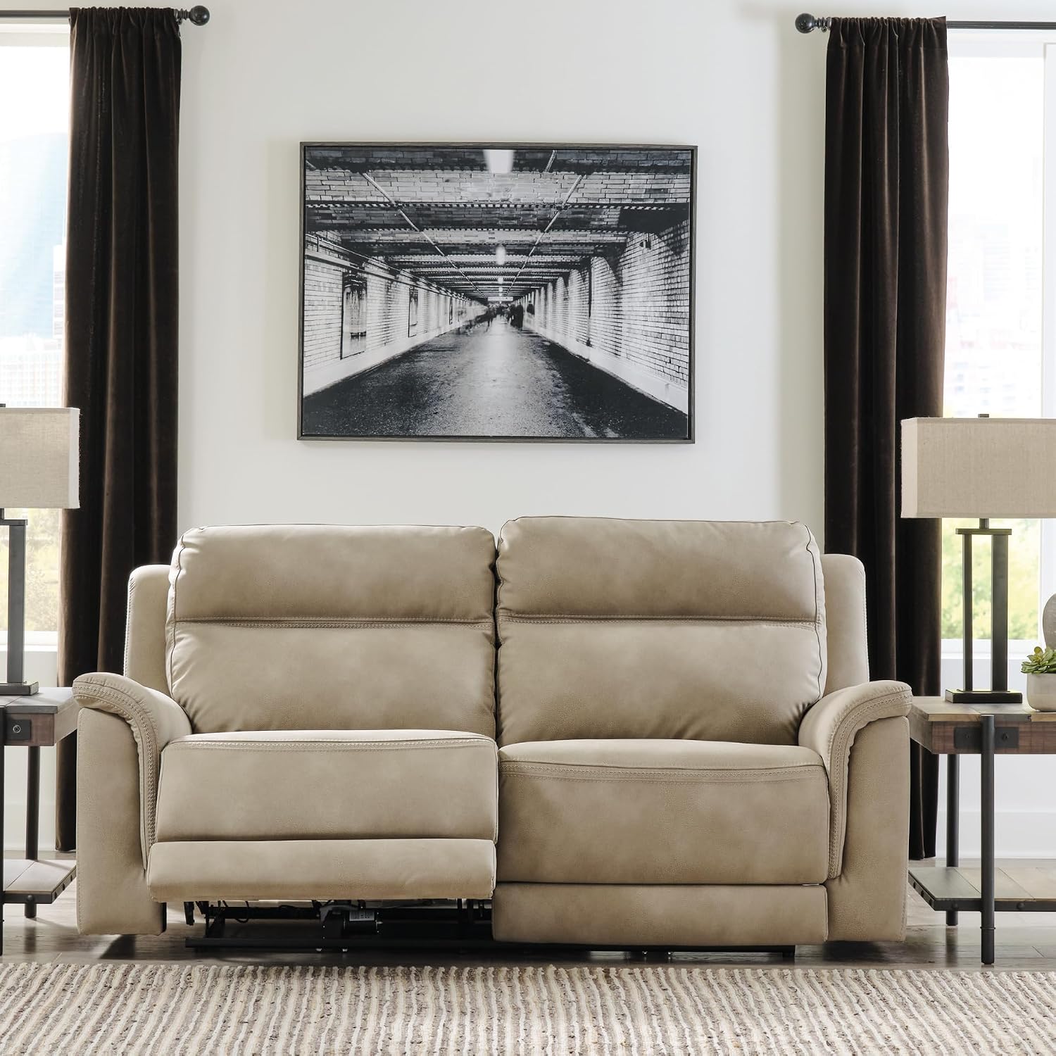 Signature Design by Ashley Next-Gen DuraPella Power Reclining Sofa with Adjustable Headrest, USB, Extended Ottoman, Faux Leather, 80' W x 42' D x 42' H, Beige Sand