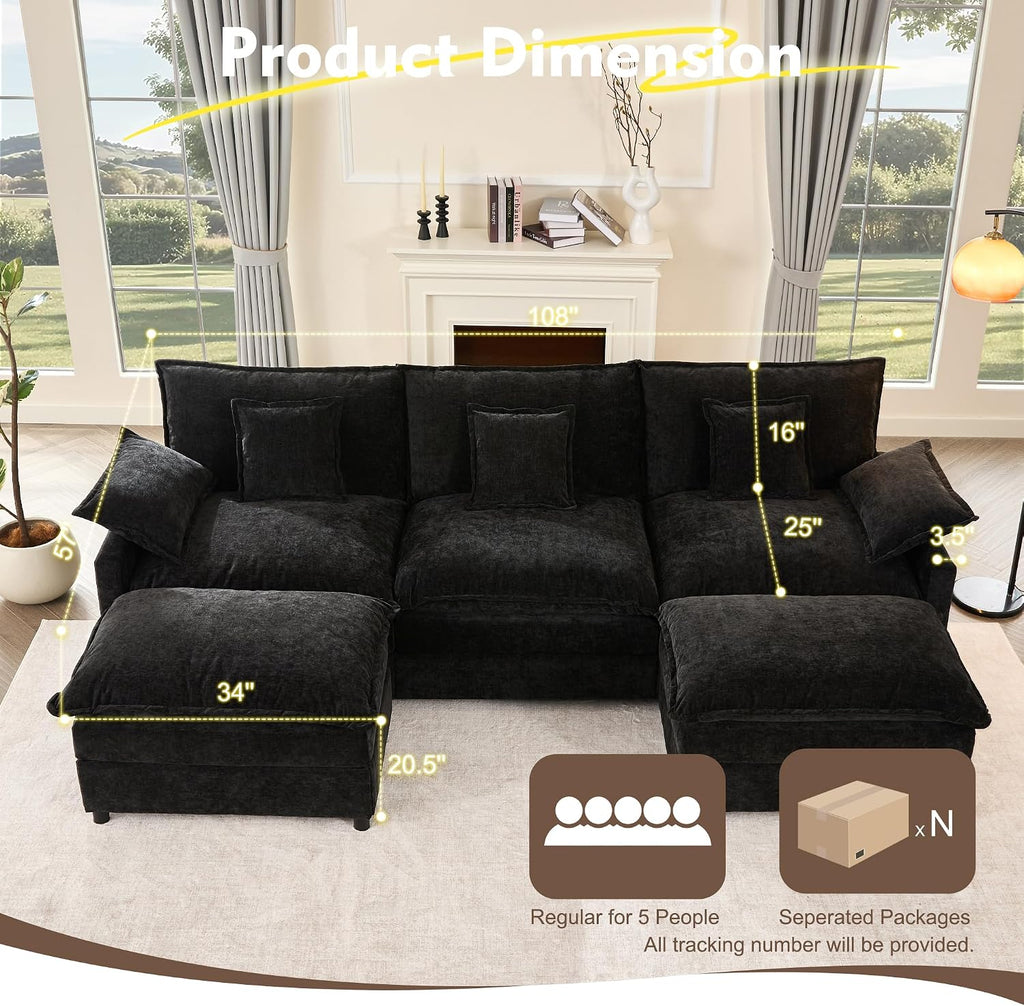 GOSUHI 108' U Shaped Couch, Modular Sectional Sofa, 3-Seater Comfy Cloud Couch, Set of Modular Pieces with Movable Ottoman, Deep Seat Couches for Living Room, Chenille, Black