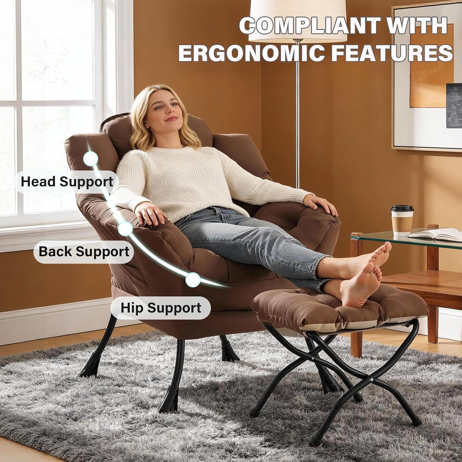 MBOOYOME Lazy Chair with Folding Ottoman, Modern Accent Armchair with Armrests and a Side Pocket & Foldable Footstool, Reading Chair for Living Room, Bedroom, Dorm & Office, Dark Brown
