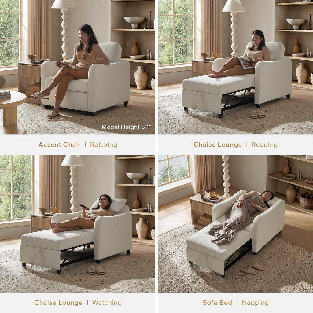 mopio Sophie 4-in-1 Convertible Sleeper Chair Bed, Accent Chair, Chaise Lounge, Comfy Reading Armchair, Pull Out Sofa Bed with Adjustable Backrest for Living Room, Bedroom (Light Gray Fabric)