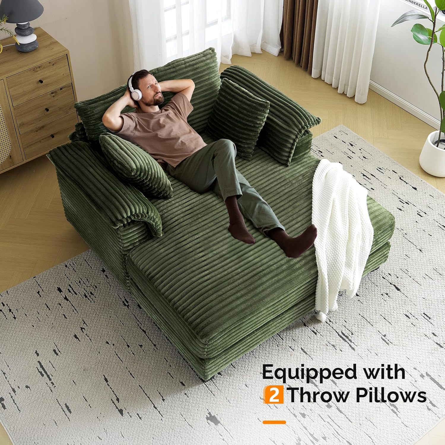 VINGLI Lounge Chair, 56' Oversized Reading Chair Corduroy Chaise Sofa Recliner Bed Upholstered Comfy Sleeper Couch with Throw Pillows and Armrests for Living Room, Movie Room, Bedroom