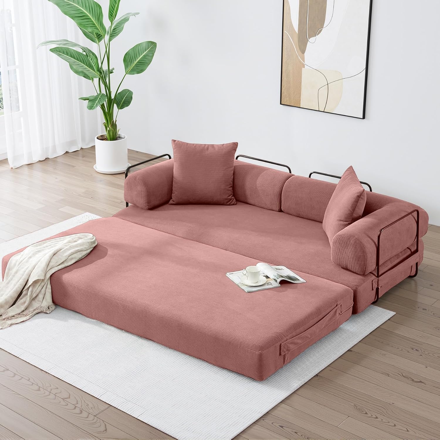 ZEIINPA 78.5 Inch Convertible Sleeper Sofa Bed, 5 in-1 Boneless Floor Couch Bed with Fixed-Shape Frame, Modular Futon Couch for Living Room, Apartments, RV Studio, Bedroom, Small Spaces, Pink