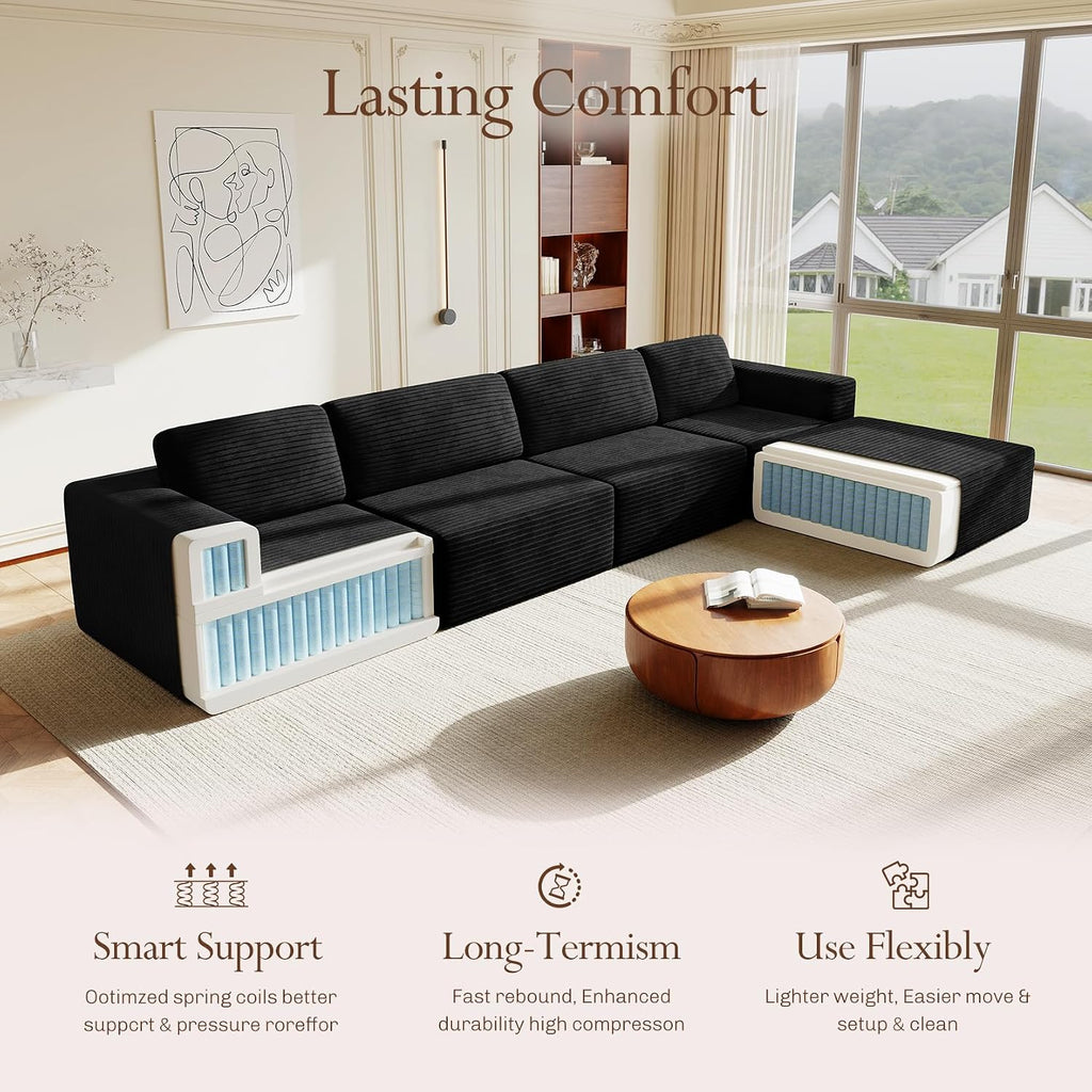 Vesgantti 159' Large Modular Sectional Sofa, L-Shaped Corduroy Cloud Couch with Deep Seats & Spring Support, 4-Seater Boneless Sofa with Movable Ottoman, No Assembly Needed, Black