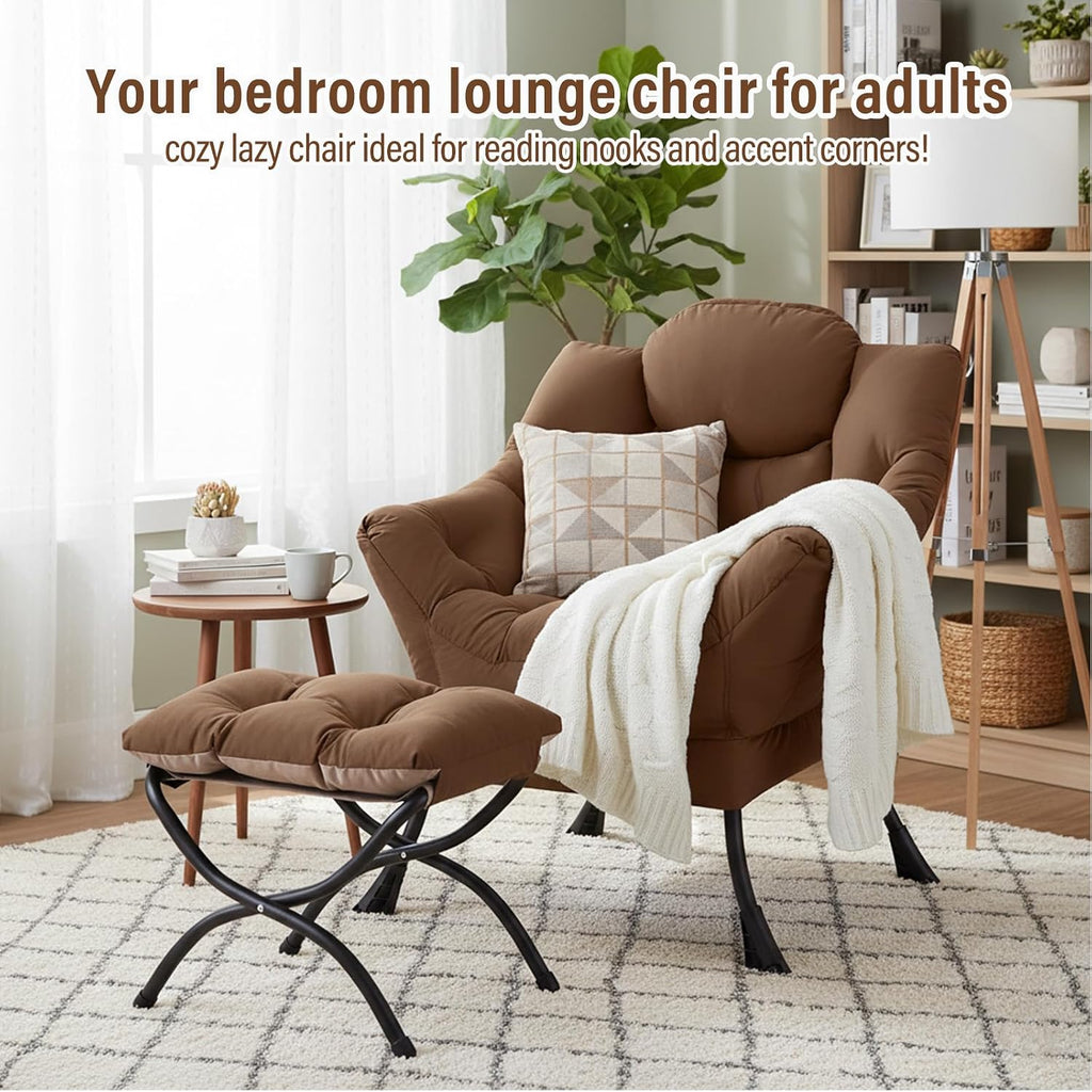 Furlide Lazy Chair with Ottoman, Modern Accent Chairs with Folding Footrest, Dark Brown Sofa Chair Set, Comfortable Reading Chairs, Oversized Armchairs for Bedroom, Study, Living Room, Courtyard