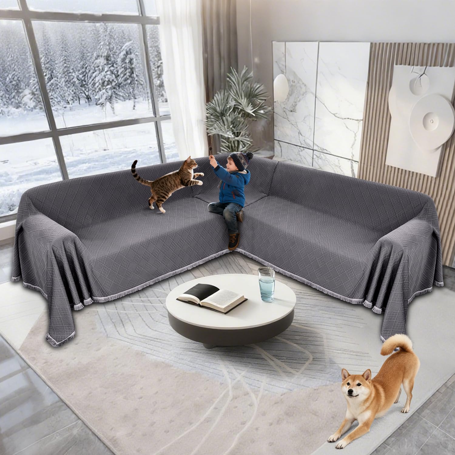 Waterproof Sectional Couch Covers Sectional Sofa Cover L Shaped Corner Sofa Slipcovers Blanket for Dogs Pets Washable Jacquard Quilted L Shape Furniture Protector (75x276 in, Dark Grey)