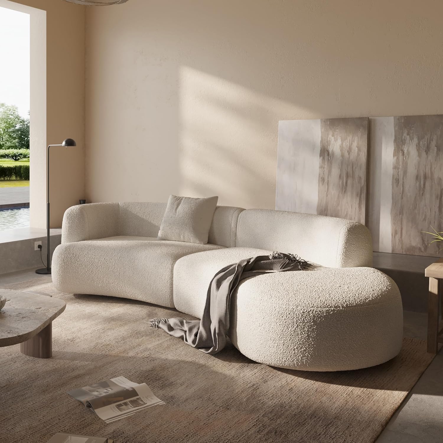 Acanva Modern Curved Sectional Living Room Couch, Minimalist Comfy Boucle Fabric Modular Sofa for Apartment, Home Office, 114' W Right Hand Facing, White