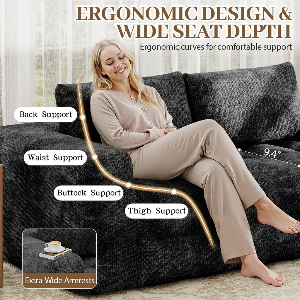 EROMMY 76'' Boneless Couch, 3 Seater Cloud for Living Room, Oversize Loveseat Sofa with Wide Armrest and 2 Back Support, No Assembly Required Chenille Soft Sofa, Black