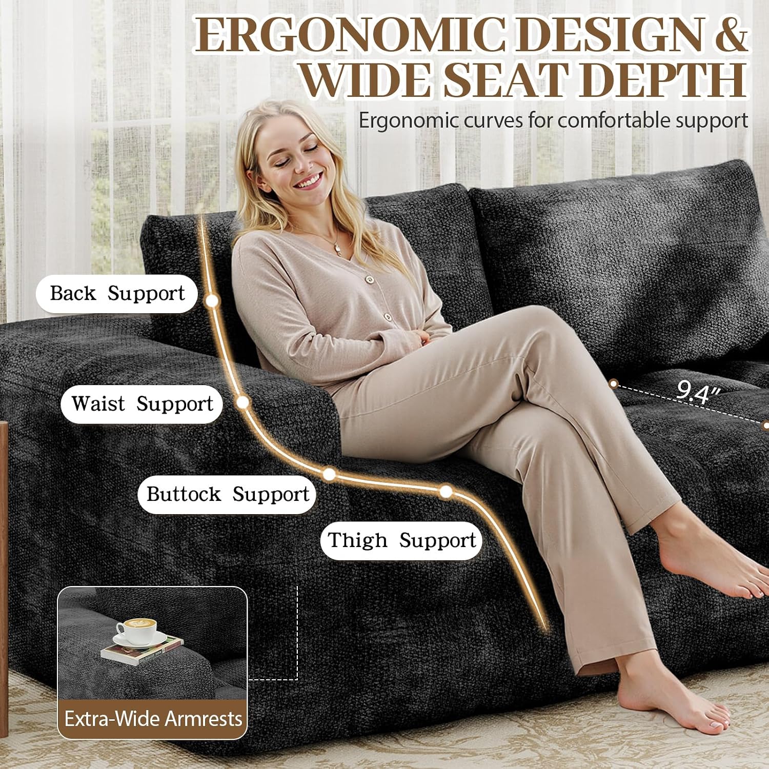 EROMMY 76'' Boneless Couch, 3 Seater Cloud for Living Room, Oversize Loveseat Sofa with Wide Armrest and 2 Back Support, No Assembly Required Chenille Soft Sofa, Black
