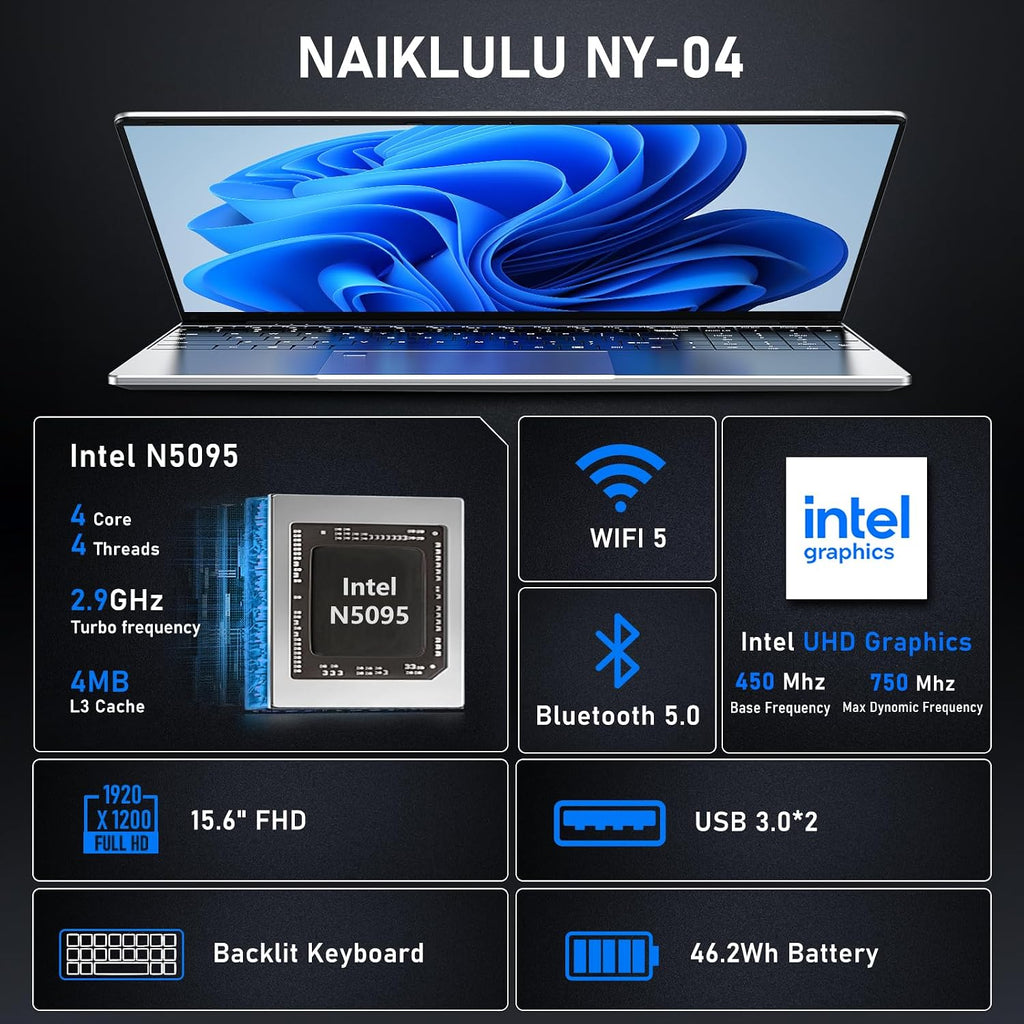 NAIKLULU Gaming Laptop,Window 11 Pro Laptop Computer, 15.6 Inch Lap Top，16GB RAM 512GB SSD,1920 * 1080 Display,WiFi 5,BT5.0,N5095 Processor(up to 2.9Ghz),Backlit Keyboard,Fingerprint Unlock