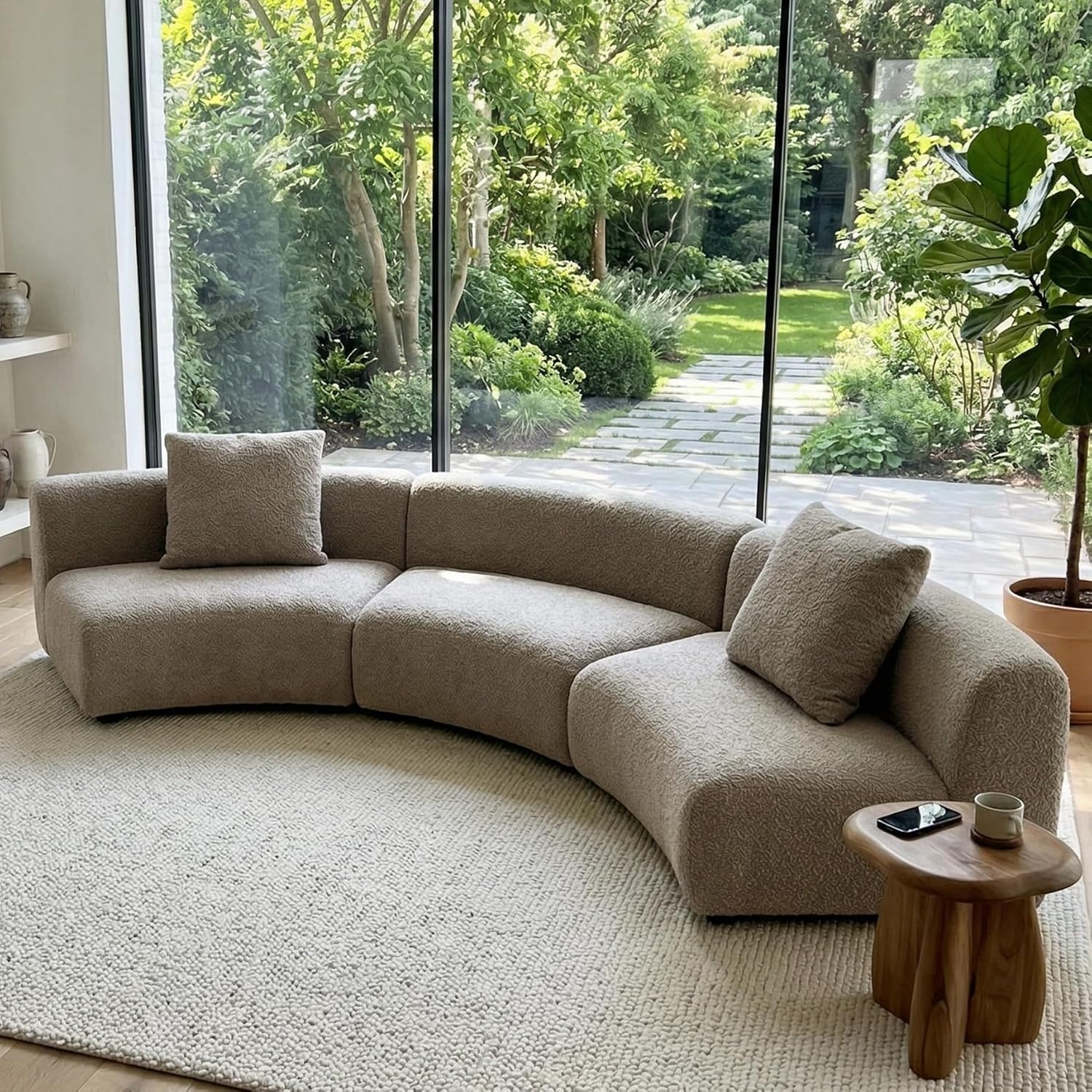 Acanva Modern Curved Sectional Living Room Couch, Minimalist Comfy Boucle Fabric Modular Sofa for Apartment, Home Office, 3-Piece Set (3 x Armless Chair), Light Coffee | Boucle Fabric, Modular, Minimalist, Comfy