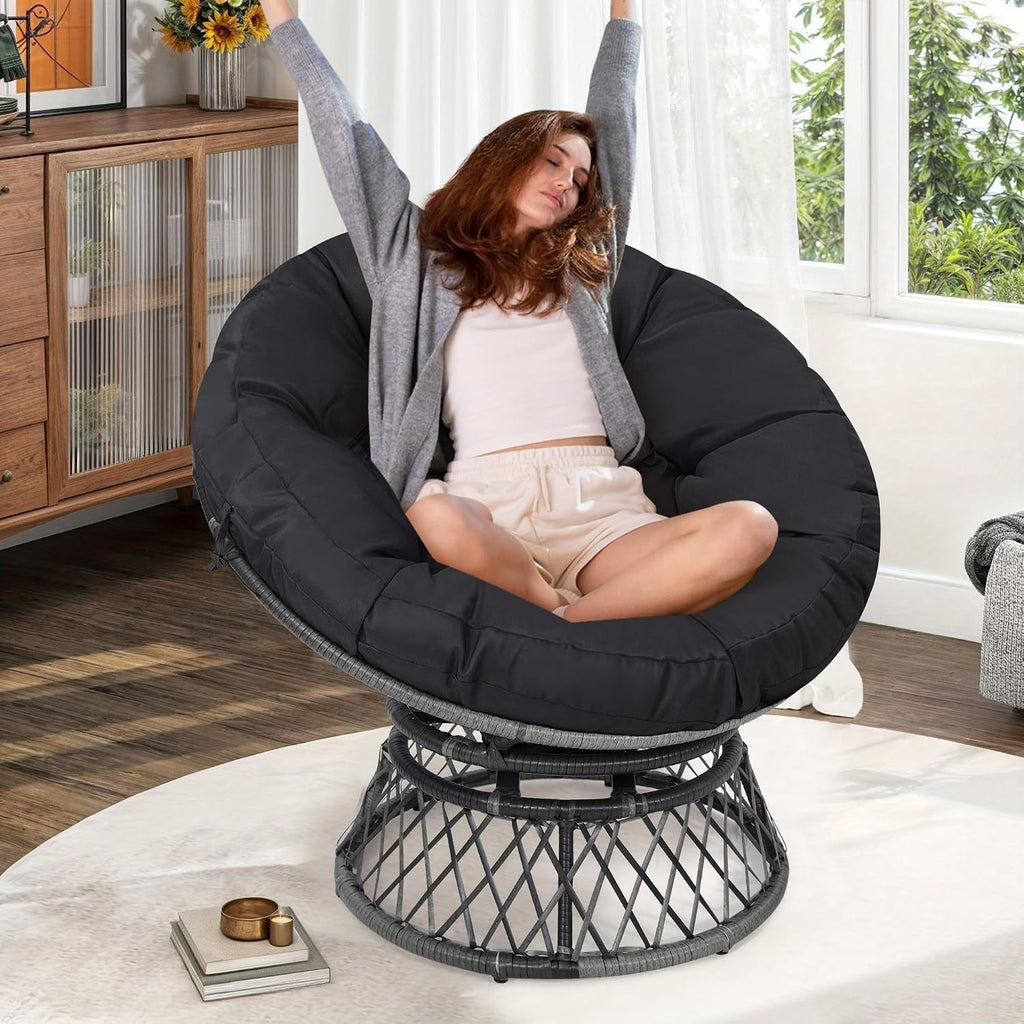 KROFEM 40' Ergonomic Wicker Papasan Chair, 360° Swivel Indoor Outdoor Rattan Chair with Soft Thick Cushion, Ideal for Living Room, Bedroom, Reading Room, Grey Frame with Black Cushion