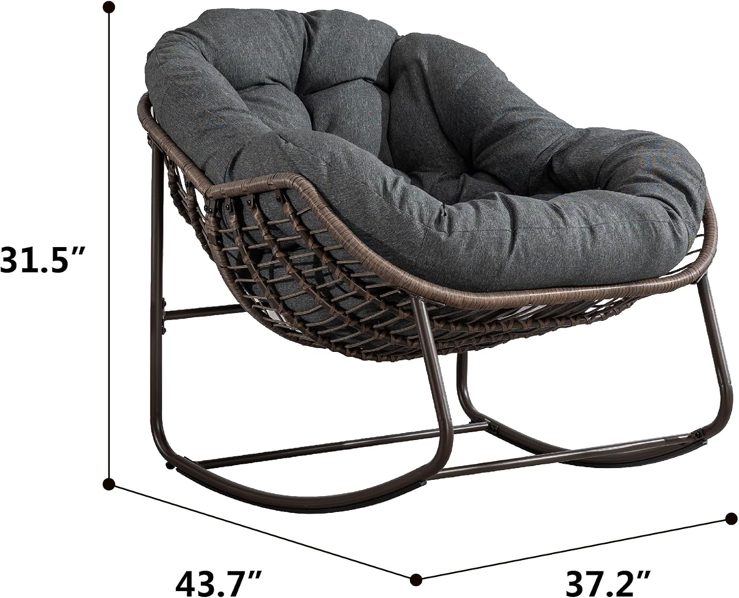 Outdoor Rattan Rocking Chair Oversized Papasan Recliner Lounger, Steel Frame & Thick Corduroy Cushion, Indoor/Outdoor Use for Patio, Porch, Backyard, Garden, Balcony, White