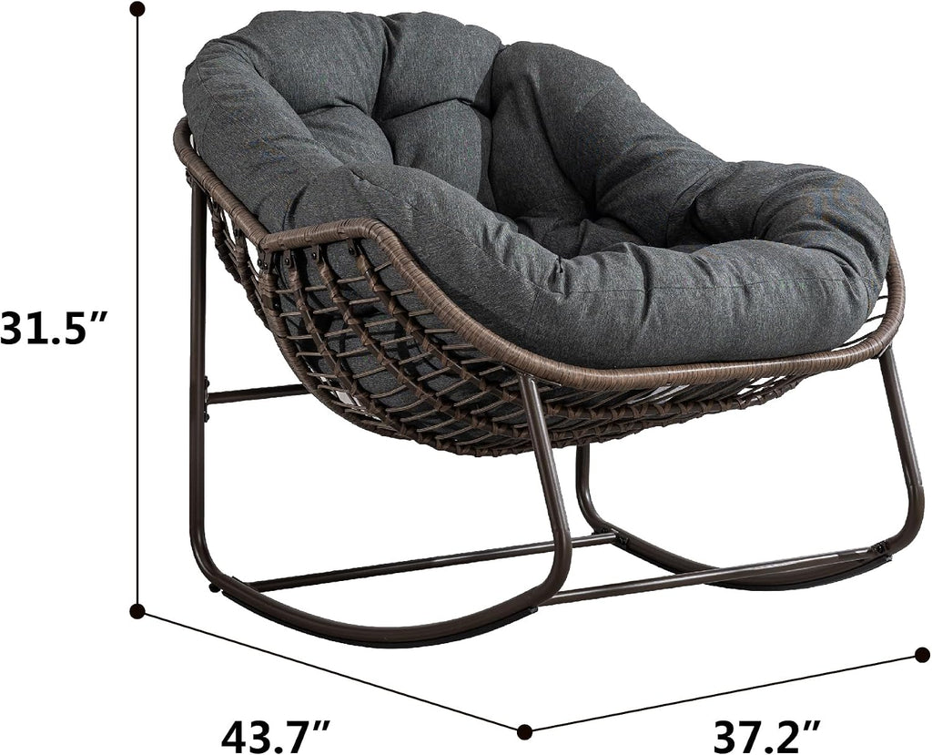 Oversized Indoor Outdoor Rocking Papasan Chair, Rattan Wicker Egg Rocking Chair with Steel Frame & Thick Olefin Cushion, Comfy Recliner Lounger for Patio, Backyard, Balcony, Garden,Olive Green