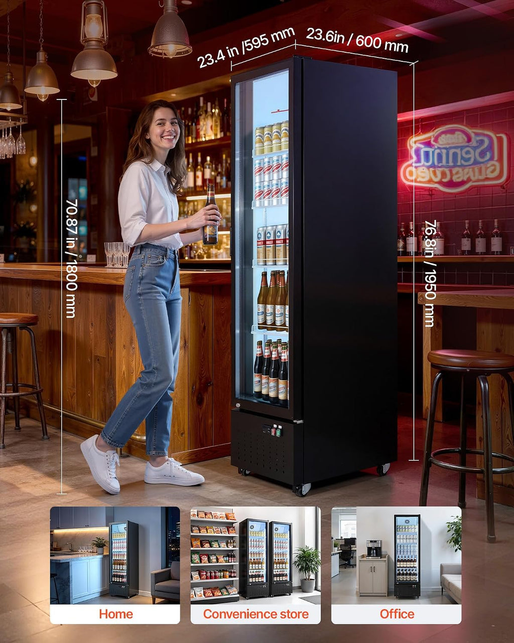 VEVOR Commercial Merchandiser Refrigerator, 12.7 Cu.Ft / 360 L Glass Door Display Refrigerator, Upright Beverage Cooler Fridge with 4 Adjustable Shelves, Soft LED Light & Casters for Homes Shops Bars
