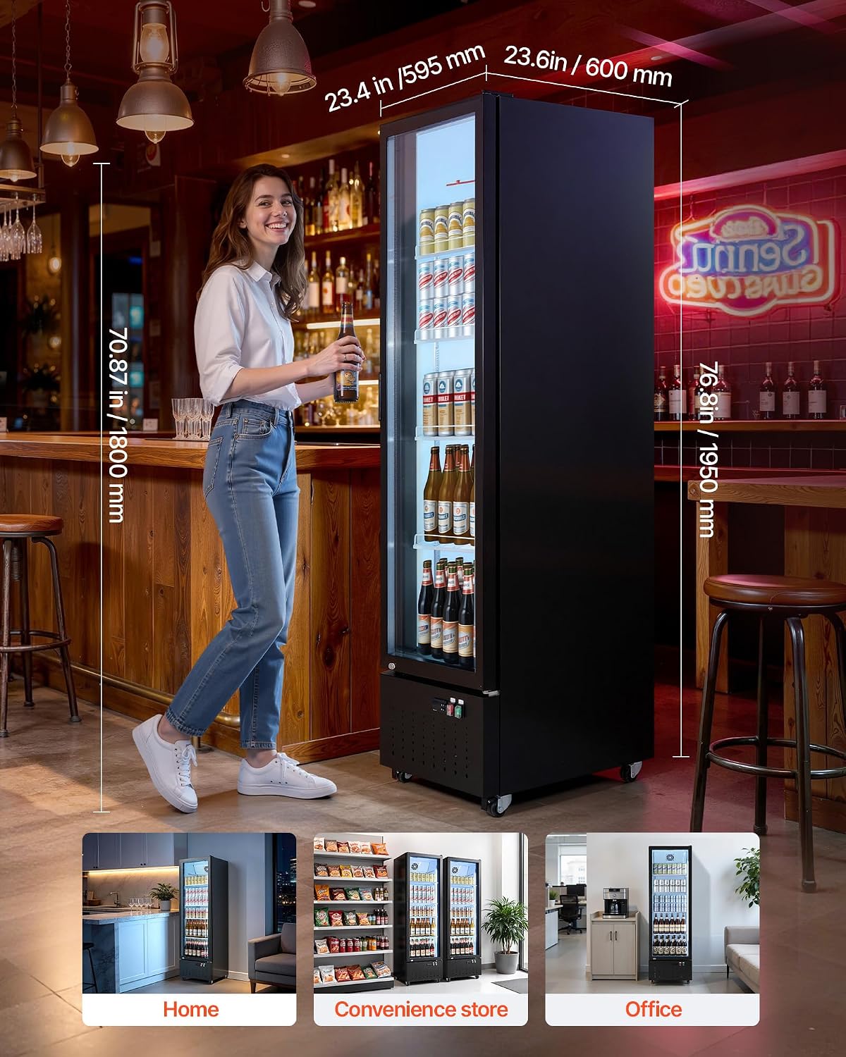 VEVOR Commercial Merchandiser Refrigerator, 12.7 Cu.Ft / 360 L Glass Door Display Refrigerator, Upright Beverage Cooler Fridge with 4 Adjustable Shelves, Soft LED Light & Casters for Homes Shops Bars