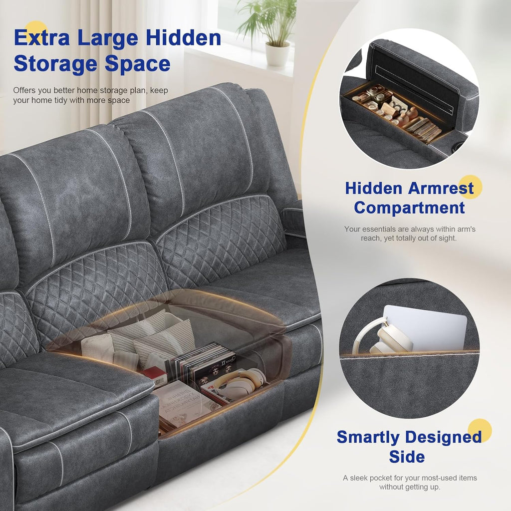 2026 Upgraded Recliner Sofa 3 Seater Couch with Recliner, Home Theater Seating with Liftable Console & Removable Armrest, Manual PU Leather Sofa Reclining with Storage & USB Ports (Velvet,Grey)
