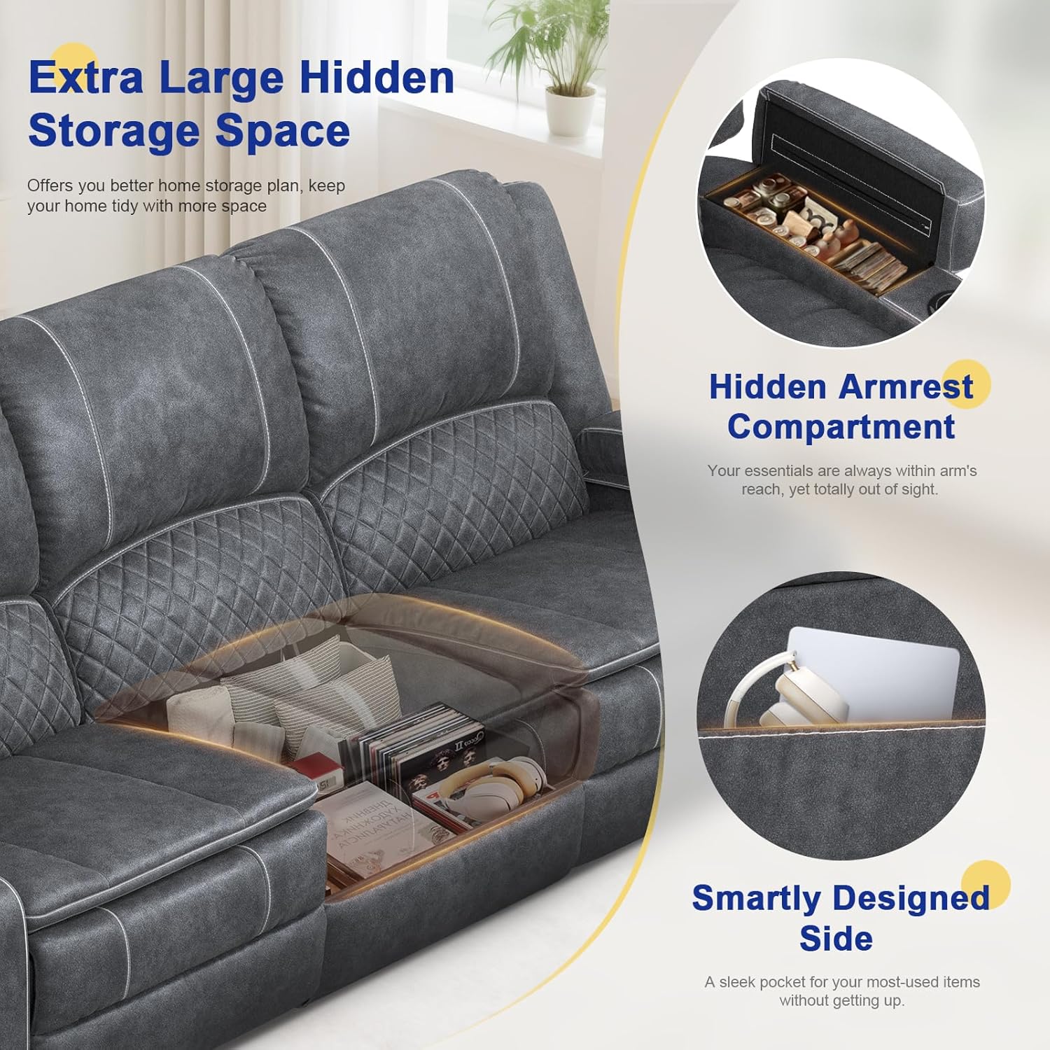 2026 Upgraded Recliner Sofa 3 Seater Couch with Recliner, Home Theater Seating with Liftable Console & Removable Armrest, Manual PU Leather Sofa Reclining with Storage & USB Ports (Velvet,Grey)