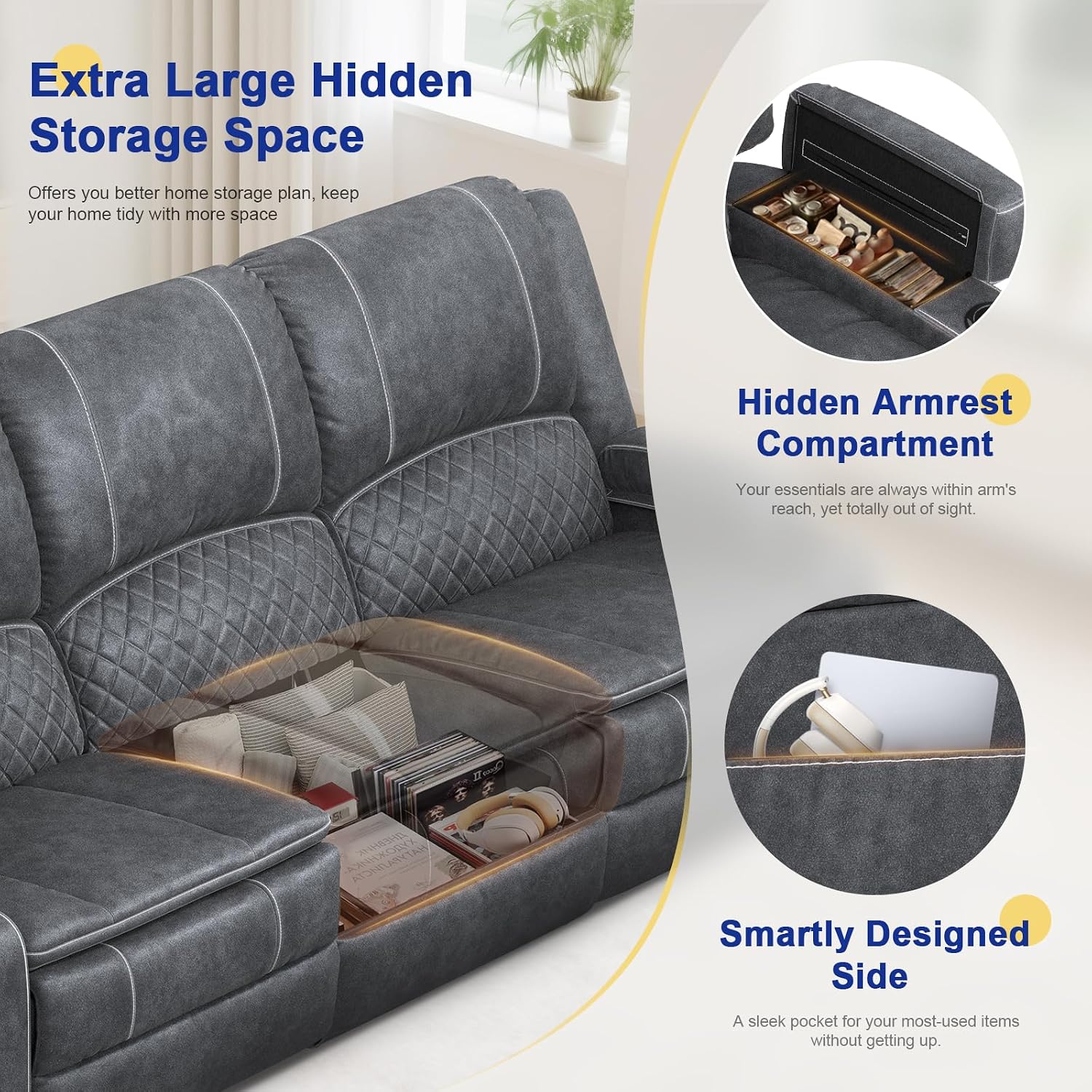 Redesigned Recliner Sofa 3 Seater Couch with Recliner, Home Theater Seating with Liftable Console & Removable Armrest, Manual Velvet Fabric Sofa Reclinering with Storage & USB Ports for Living Room