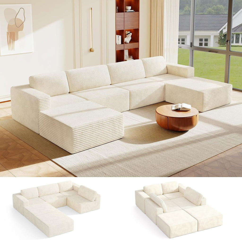 Vesgantti 159' Large Modular Sectional Sofa, U-Shaped Corduroy Cloud Couch with Deep Seats & Spring Support, 4-Seater Boneless Sofa with 2 Movable Ottomans, No Assembly Needed, Beige