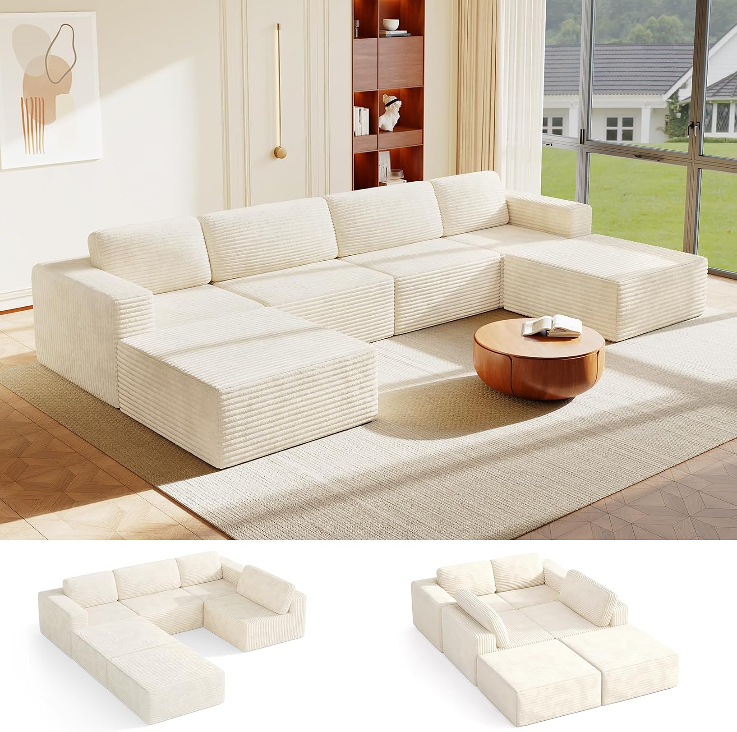 Vesgantti 159' Large Modular Sectional Sofa, U-Shaped Corduroy Cloud Couch with Deep Seats & Spring Support, 4-Seater Boneless Sofa with 2 Movable Ottomans, No Assembly Needed, Beige