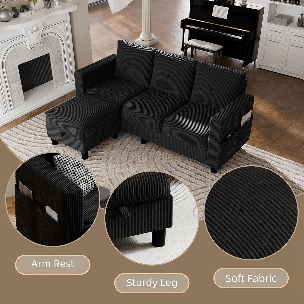 Convertible Sectional Sofa with Storage Ottoman, 77' L-Shaped 3-Seat Couch with Skin-Friendly Corduroy Fabric, Reversible Small Sectional for Small Space, Apartment, Living Room and Office(Black)