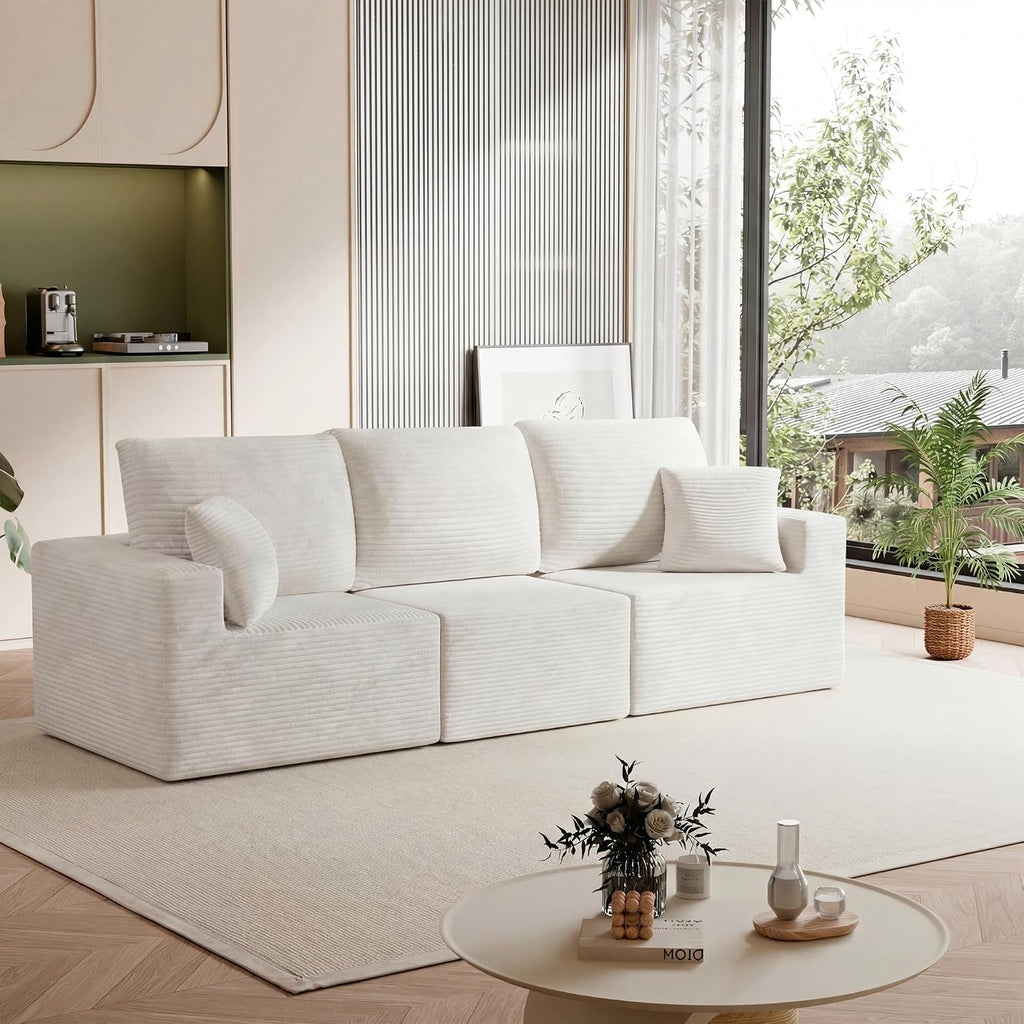 Homall Sectional Couches for Living Room, Modern Boneless Couch with Deep Seat, Upholstered Cloud Sofa, No Assembly Required (Beige, Three-Seater Sofa)