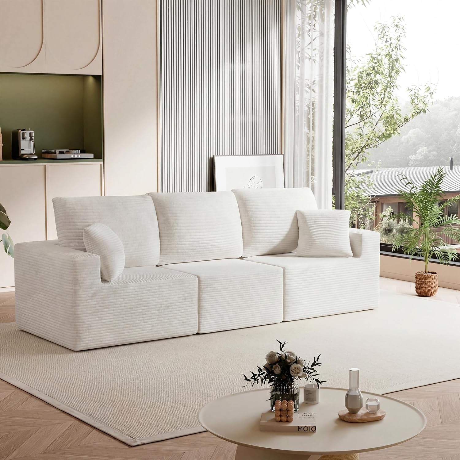 Homall Sectional Couches for Living Room, Modern Boneless Couch with Deep Seat, Upholstered Cloud Sofa, No Assembly Required (Beige, Three-Seater Sofa)