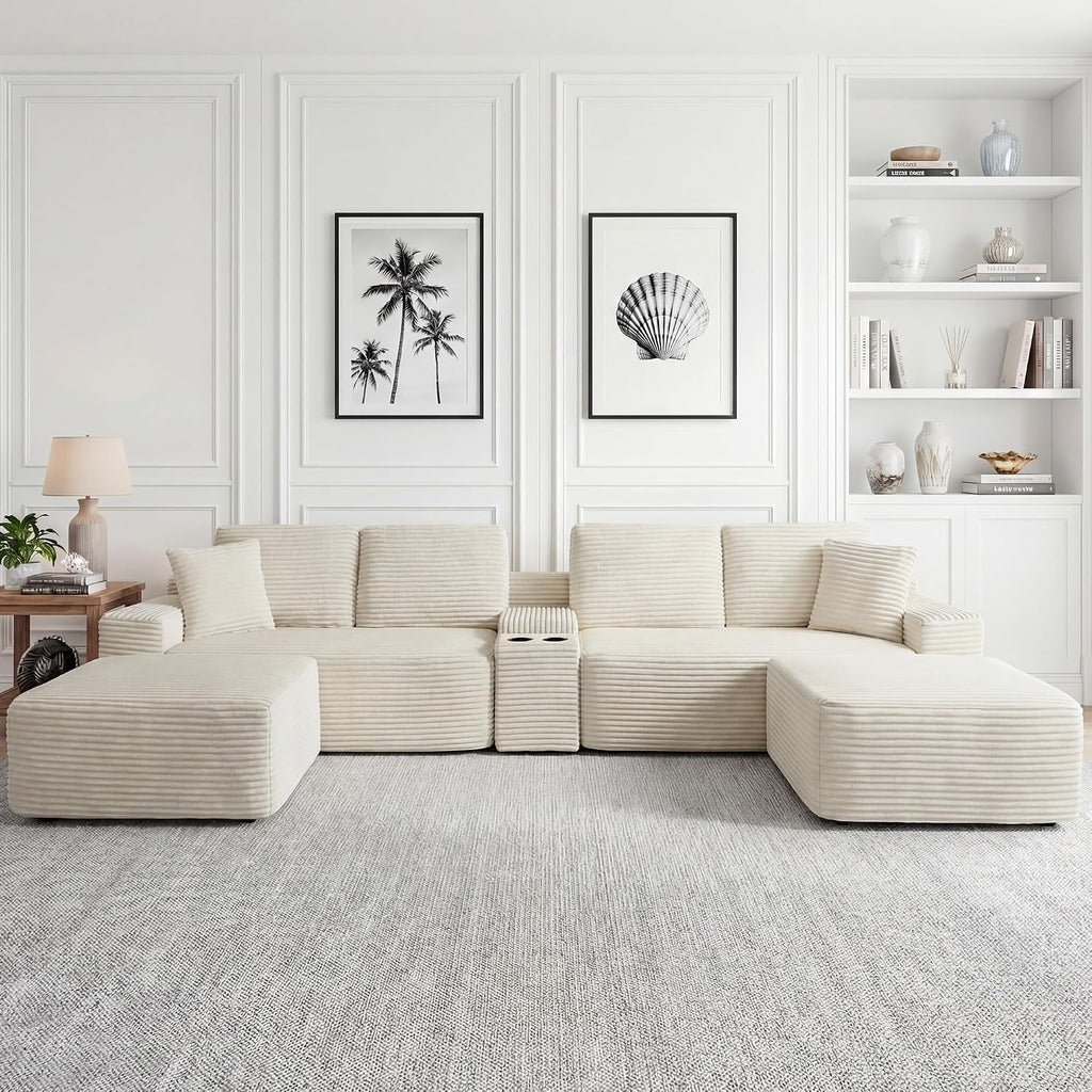 125 Inch Modular Sectional Sofa, Modern Oversized Corduroy Cloud Couch with 2 Ottomans, Cup Holders and USB Ports, U Shape Couch Boneless Couches for Living Room, No Assembly Required, Beige