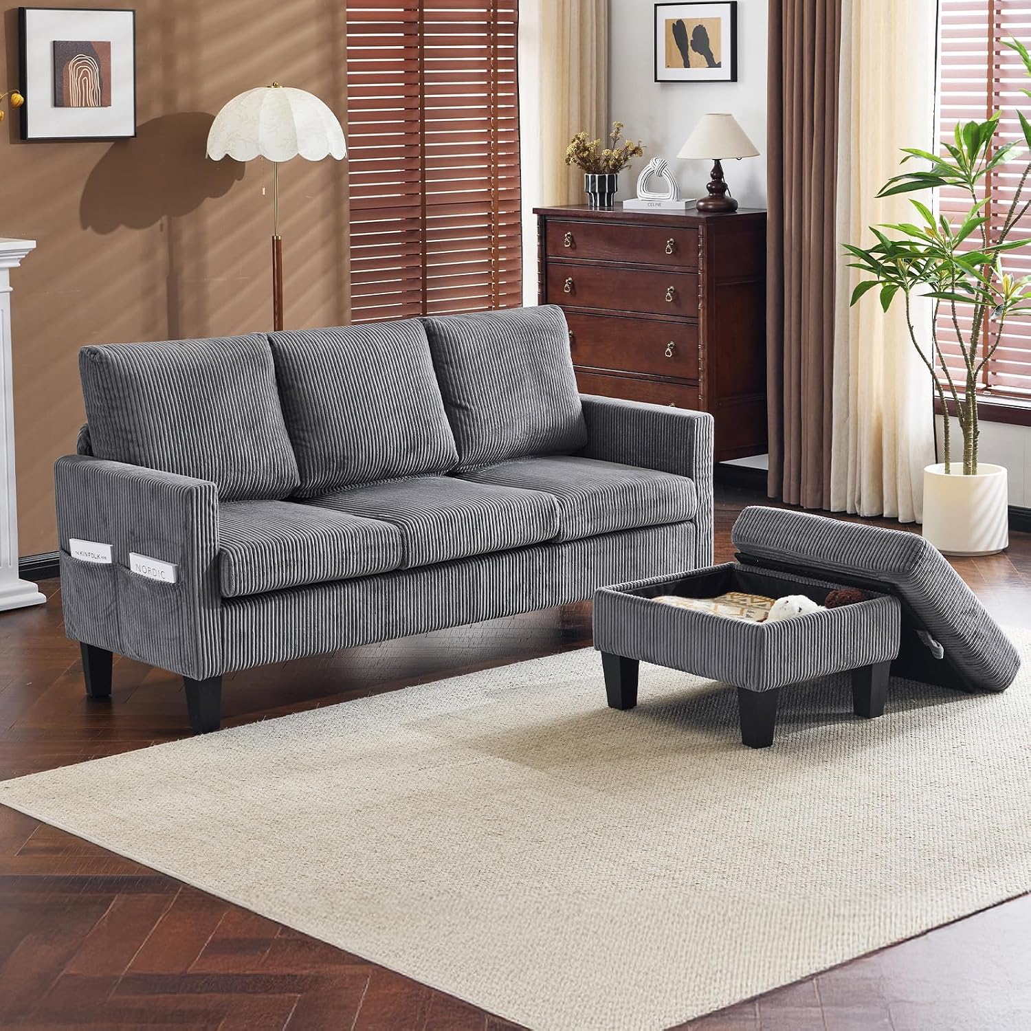 VINGLI 68.5' L Shaped Couch with Movable Storage Ottoman, Convertible Sectional Sofa in Soft Corduroy Fabric, Modern Reversible Chaise Couch for Small Spaces, Apartment, Living Room，Grey