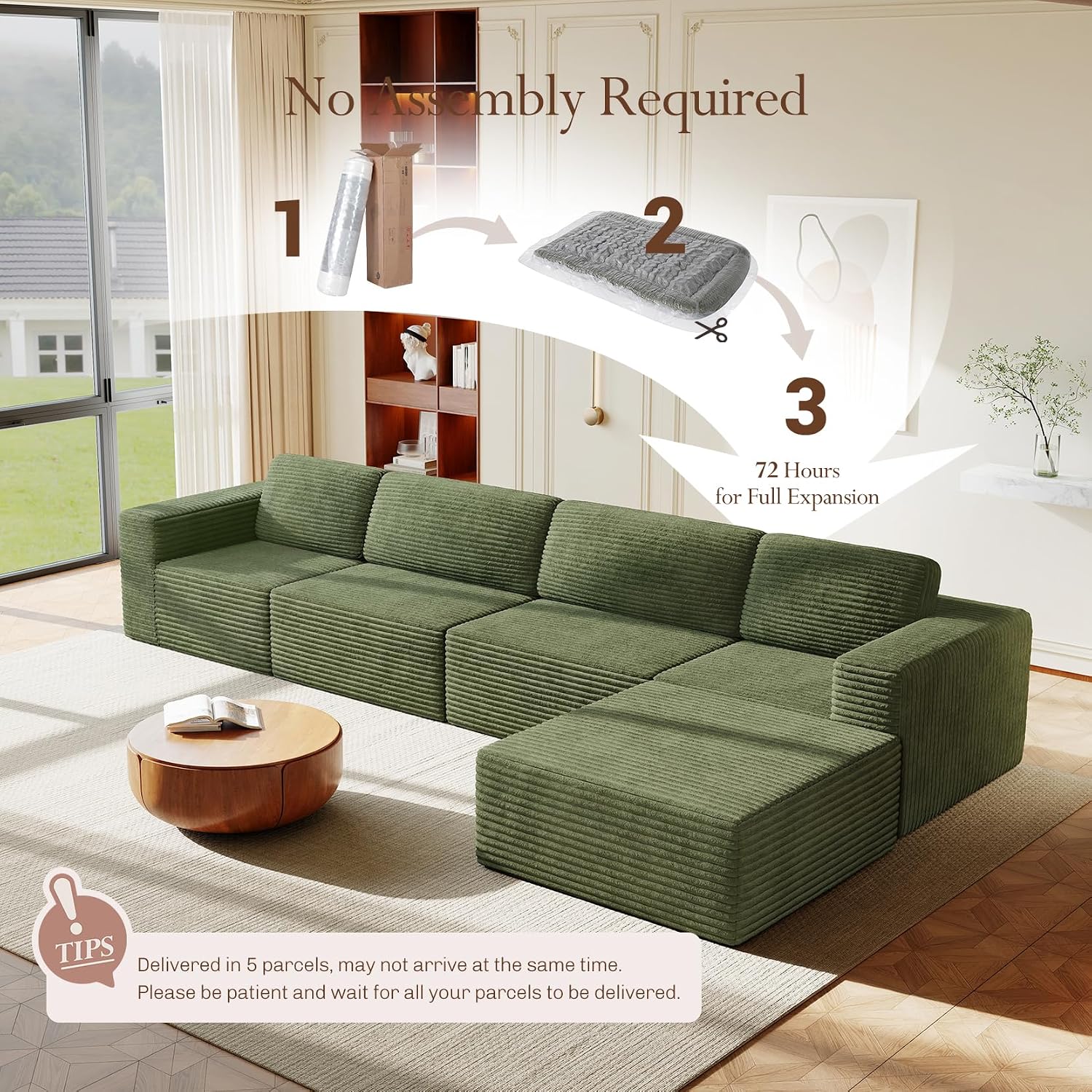 Vesgantti 159' Large Modular Sectional Sofa, L-Shaped Corduroy Cloud Couch with Deep Seats & Spring Support, 4-Seater Boneless Sofa with Movable Ottoman, No Assembly Needed, Green
