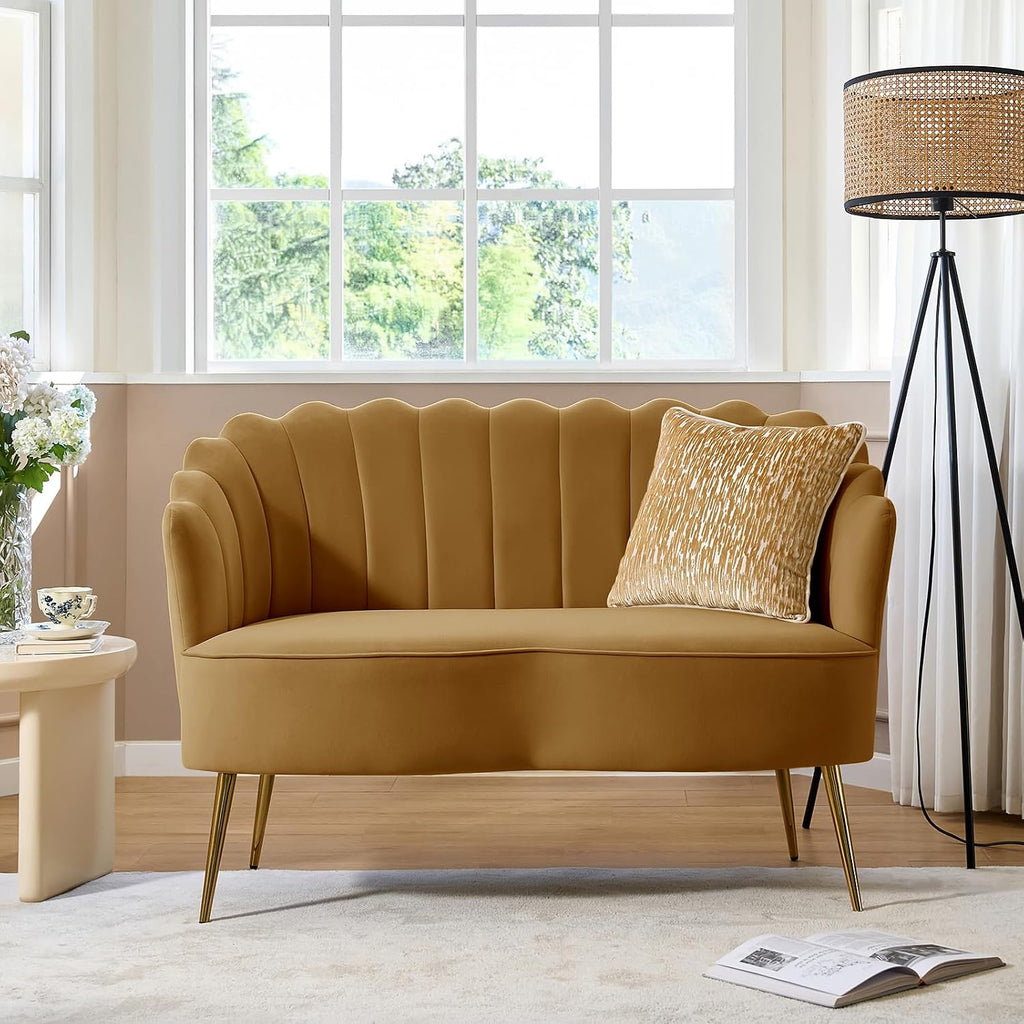 HULALA HOME Modern Velvet Loveseat Sofa with Flower Shaped Back, Comfy Upholstered 2-Seater Sofa with Gold Metal Legs, Small Love Seat Accent Couch for Living Bedroom Leisure Areas, Golden