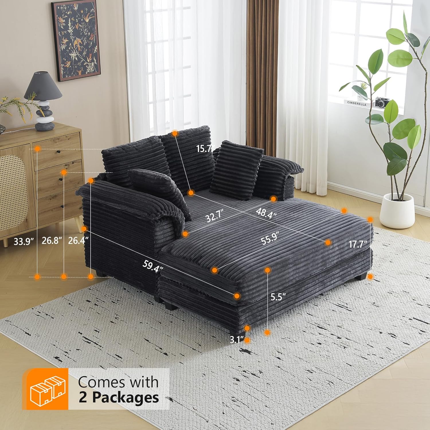 VINGLI 56' Oversized Chaise Lounge Chair, Dark Grey Comfy Corduroy Chaise Sofa Recliner Bed Upholstered Sleeper Couch Bed with Throw Pillows and Armrests for Living Room, Movie Room, Bedroom