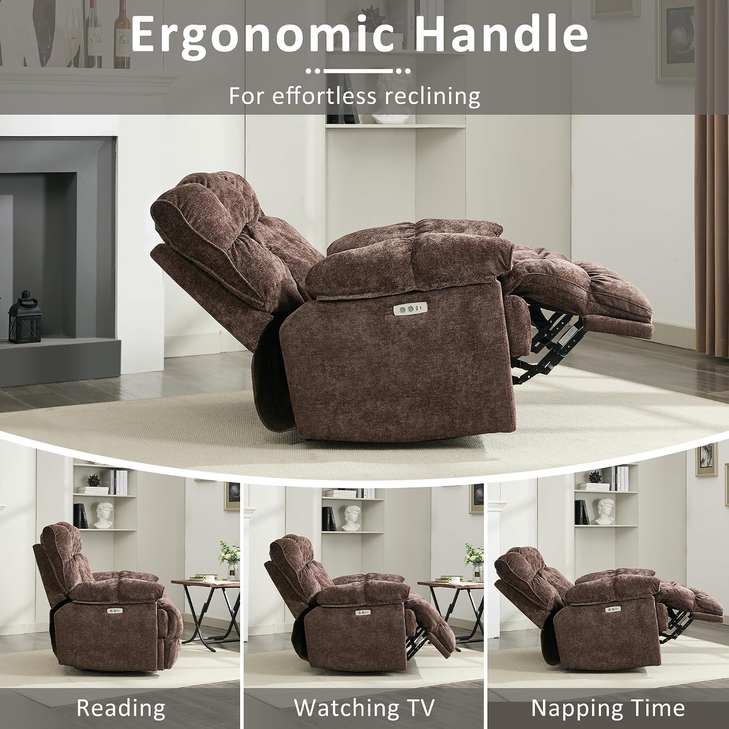 Oversized Recliner Chair, Overstuffed Swivel Rocker with Extra Wide Seat & Breathable Fabric for Living Room (Power, Brown)