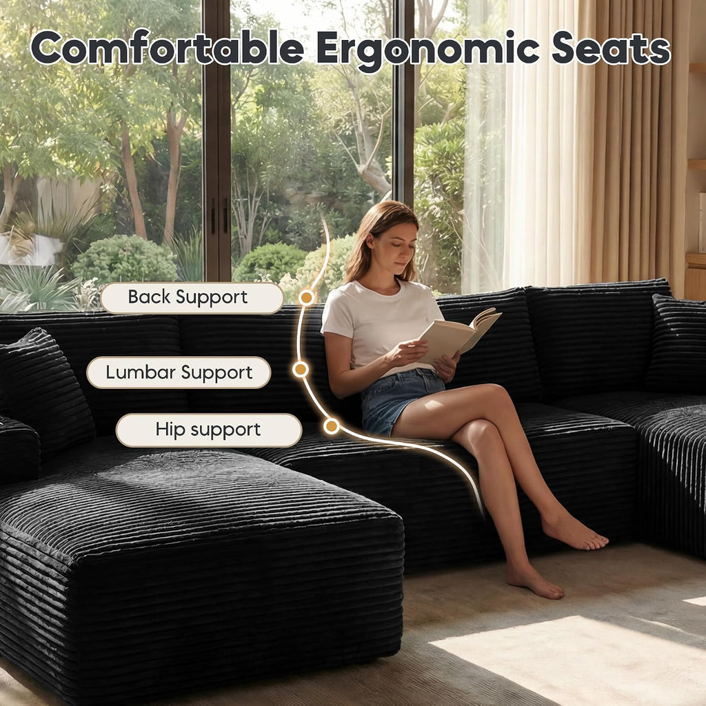 125 Inch Modular Sectional Sofa, Cloud Couch Oversized U Shaped Corduroy Sofa with Storage & Cupholders, Modern Deep Seat Boneless Couches for Living Room, No Assembly Required, Black