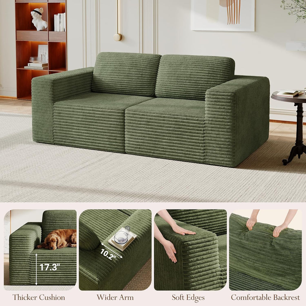 Vesgantti 80' Modular Sectional Sofa, Corduroy Cloud Couch with Deep Seating & Spring Support, 2 Seater Compact Modular Couch, Boneless Sectional Sofa for Small Spaces, No Assembly Required, Green