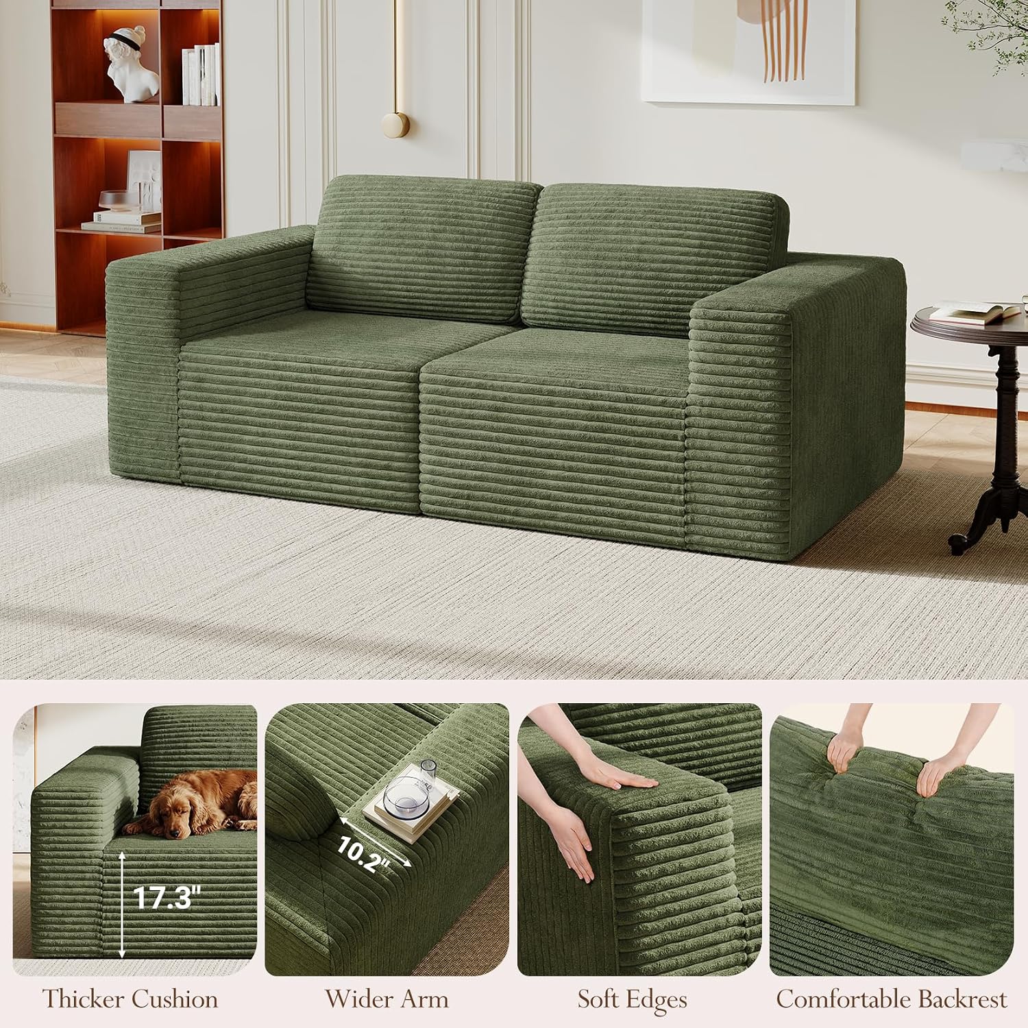 Vesgantti 80' Modular Sectional Sofa, Corduroy Cloud Couch with Deep Seating & Spring Support, 2 Seater Compact Modular Couch, Boneless Sectional Sofa for Small Spaces, No Assembly Required, Green
