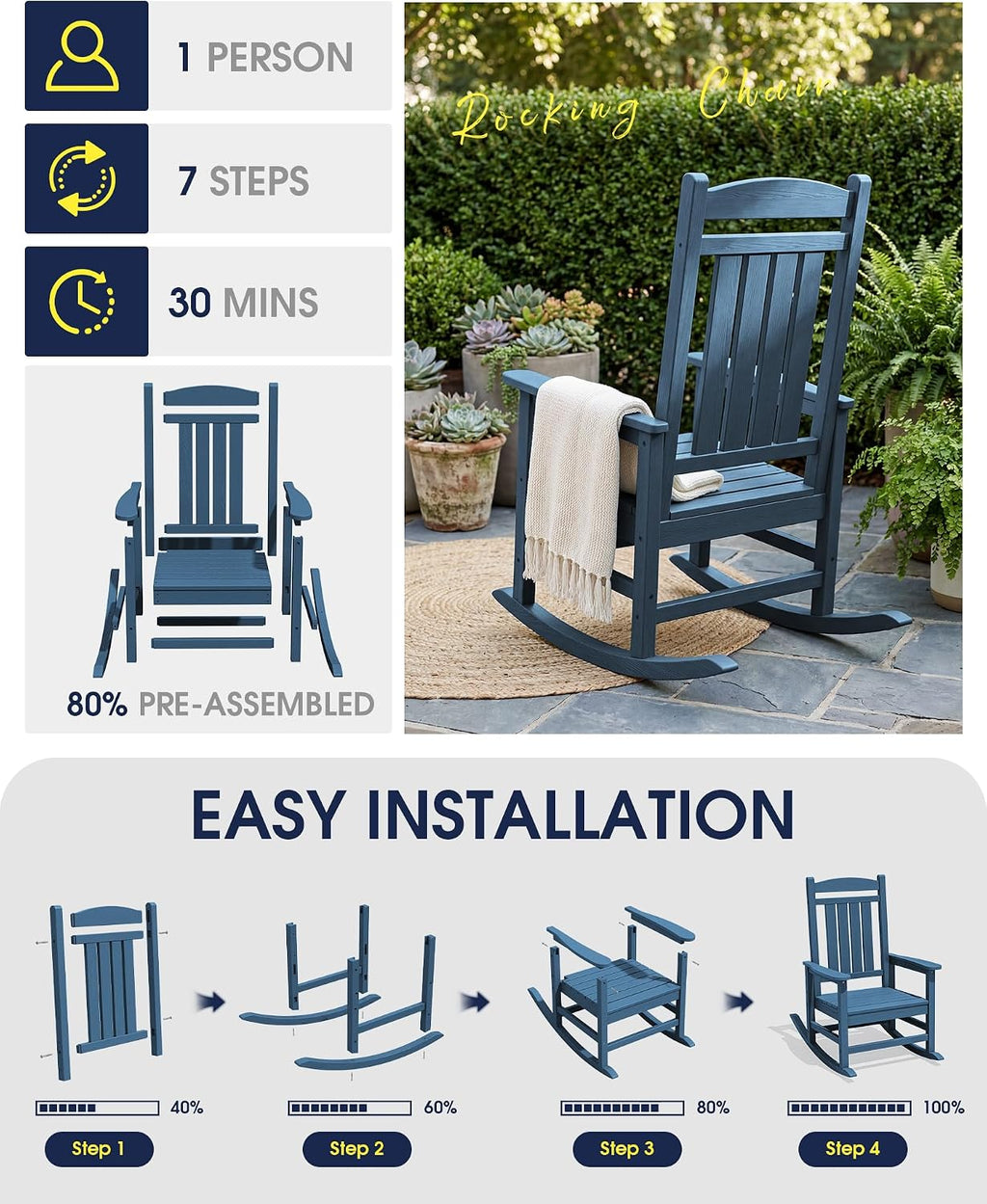 KINGYES Oversized HDPE Patio Rocking Chair Set of 6, Outdoor Rocking Chairs Porch Rocker for Adults, Navy