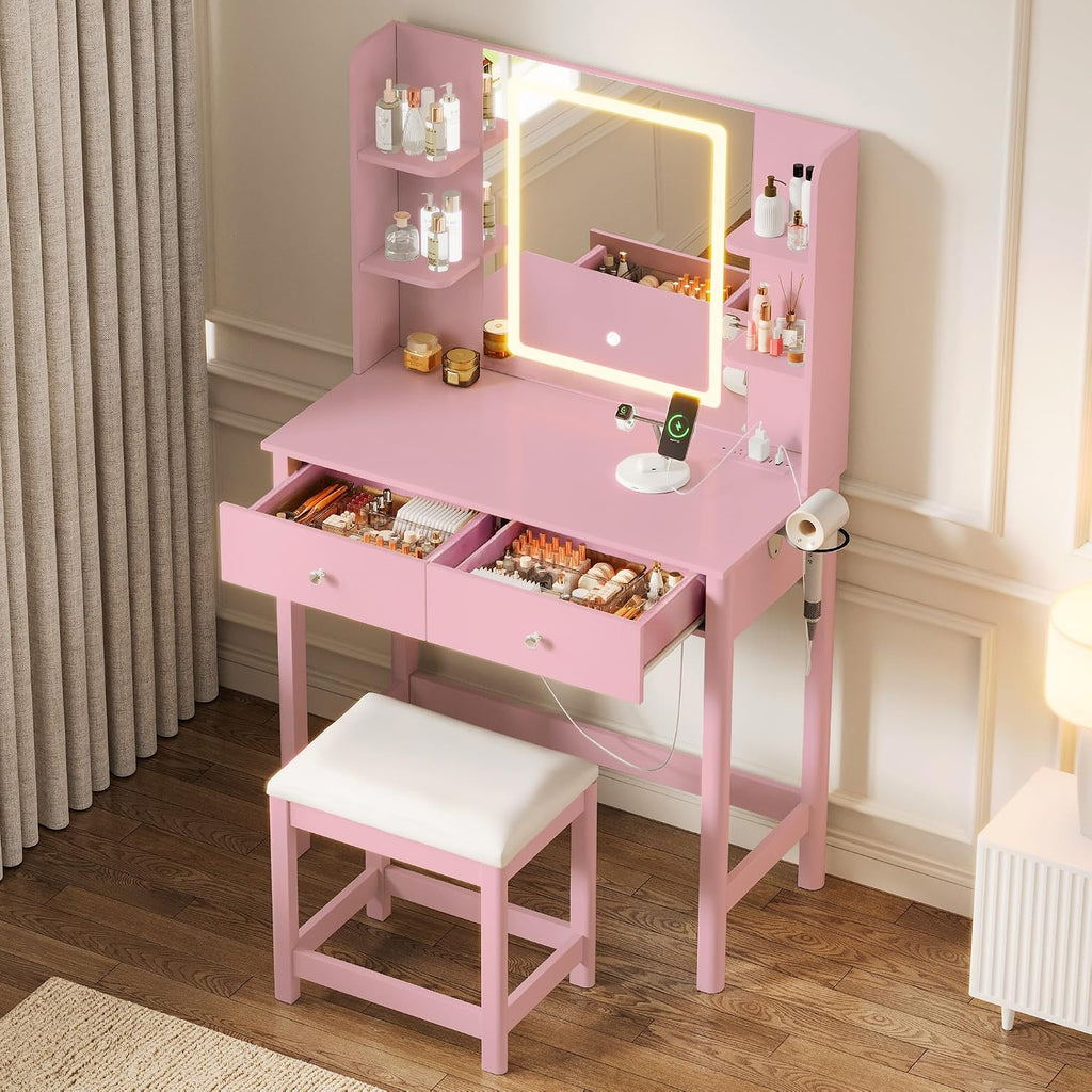 Vanity Desk with Mirror and LED Lights, Small Makeup Vanity Table Set with Drawers and Chair, Dressing Table with Power Outlet for Girls Bedroom, Pink